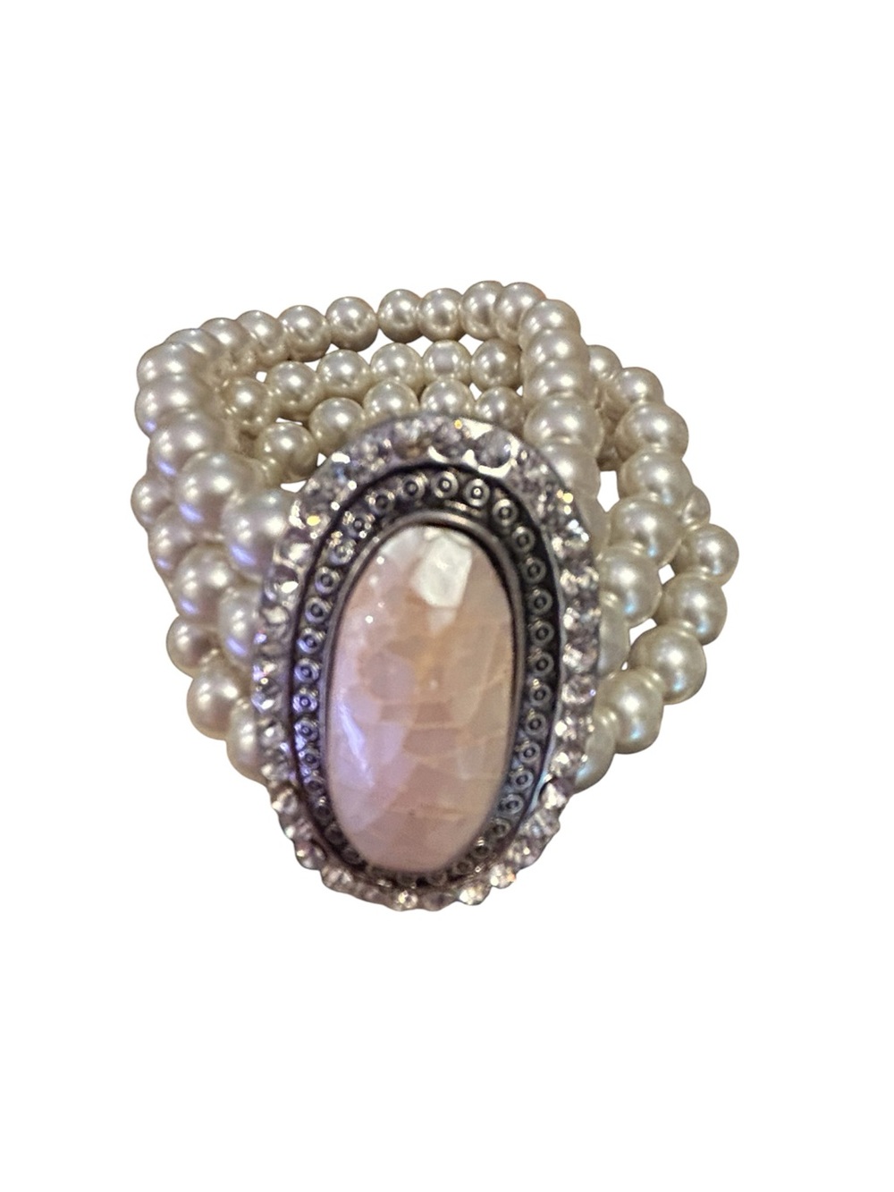 Faux Pearl Multi-Strand Stretch Bracelet with Pink Stone Accent